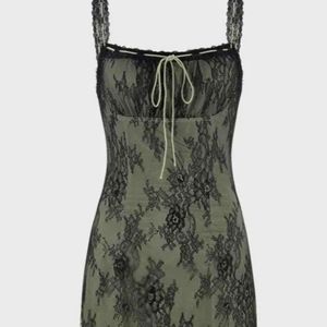 Olive Green Lace Dress with Black Lace Overlay